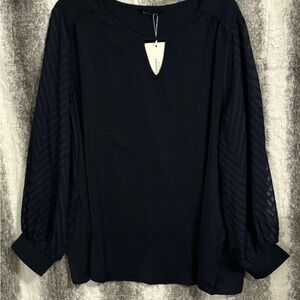 BloomChic Navy Women's Blouse with Sheer Sleeves size 1X (14-16)